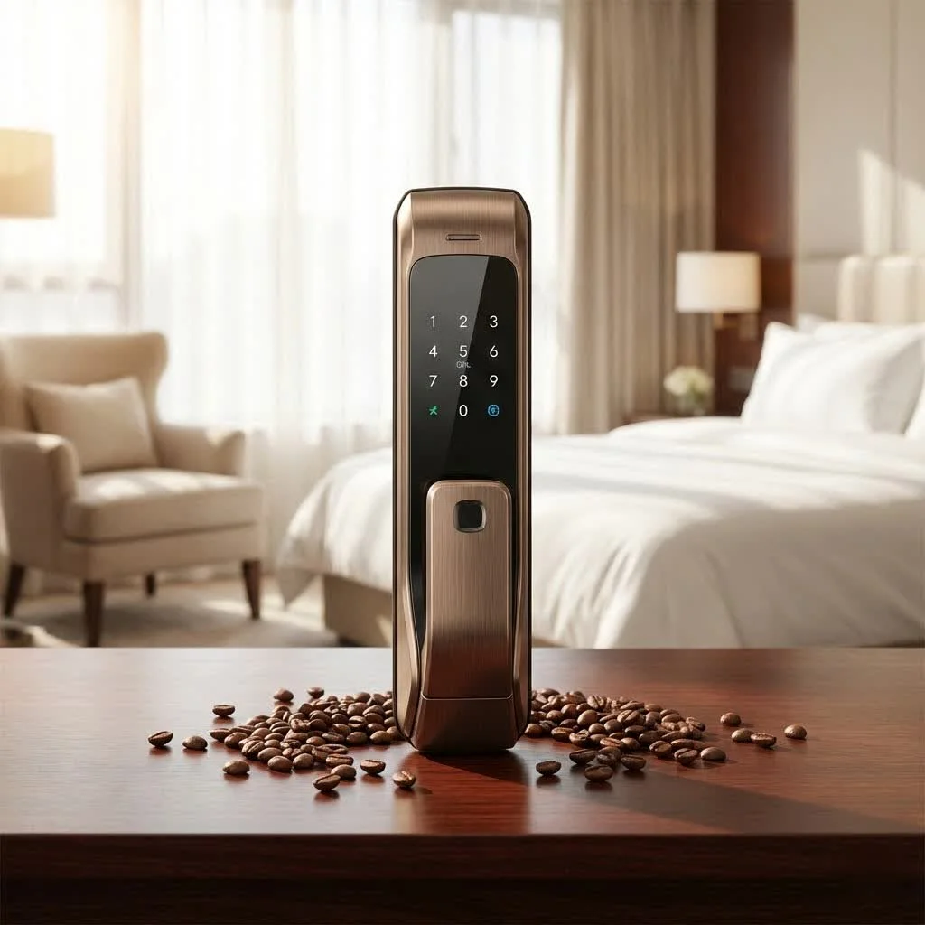 Kwikset smart lock on a wooden door