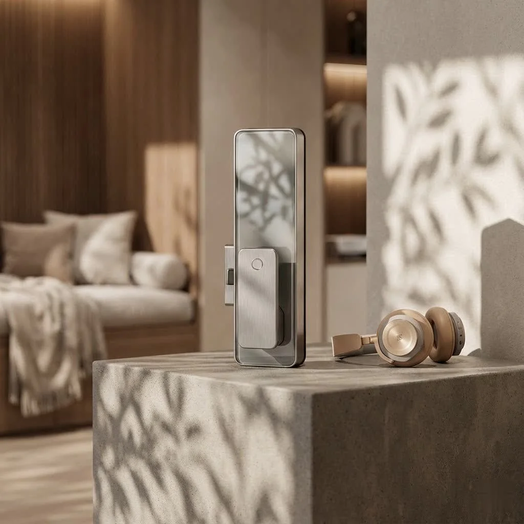 Smart lock on a modern wooden door