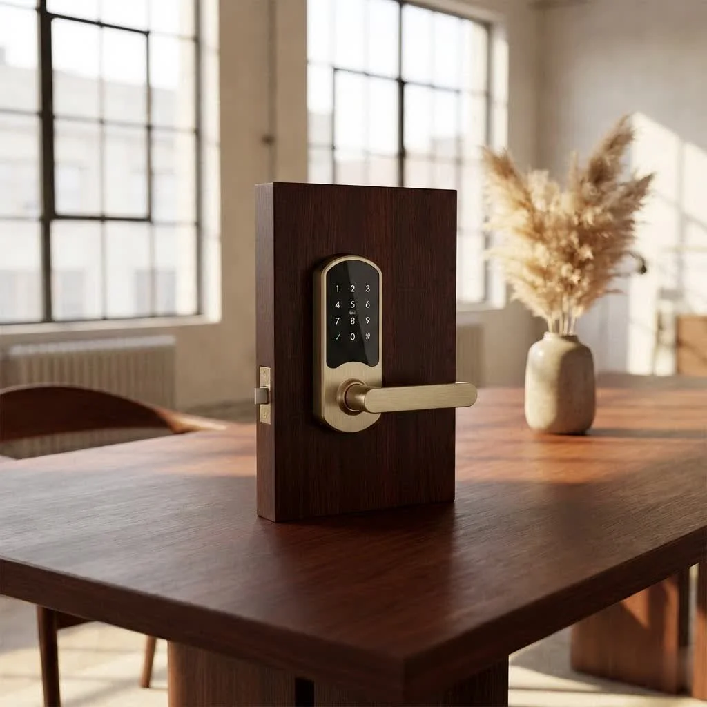 Close-up of a modern fingerprint smart lock on a wooden door