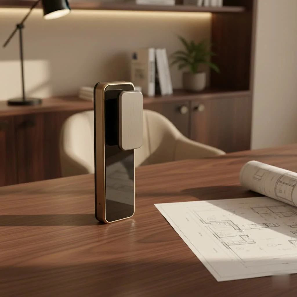 Modern smart deadbolt lock on a wooden door