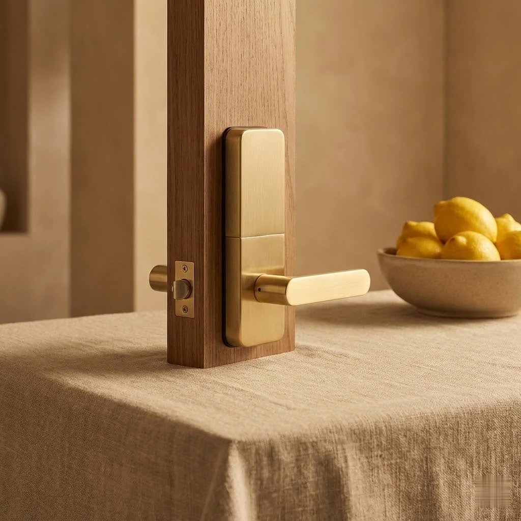 Close-up of a modern smart fingerprint door lock on a wooden door