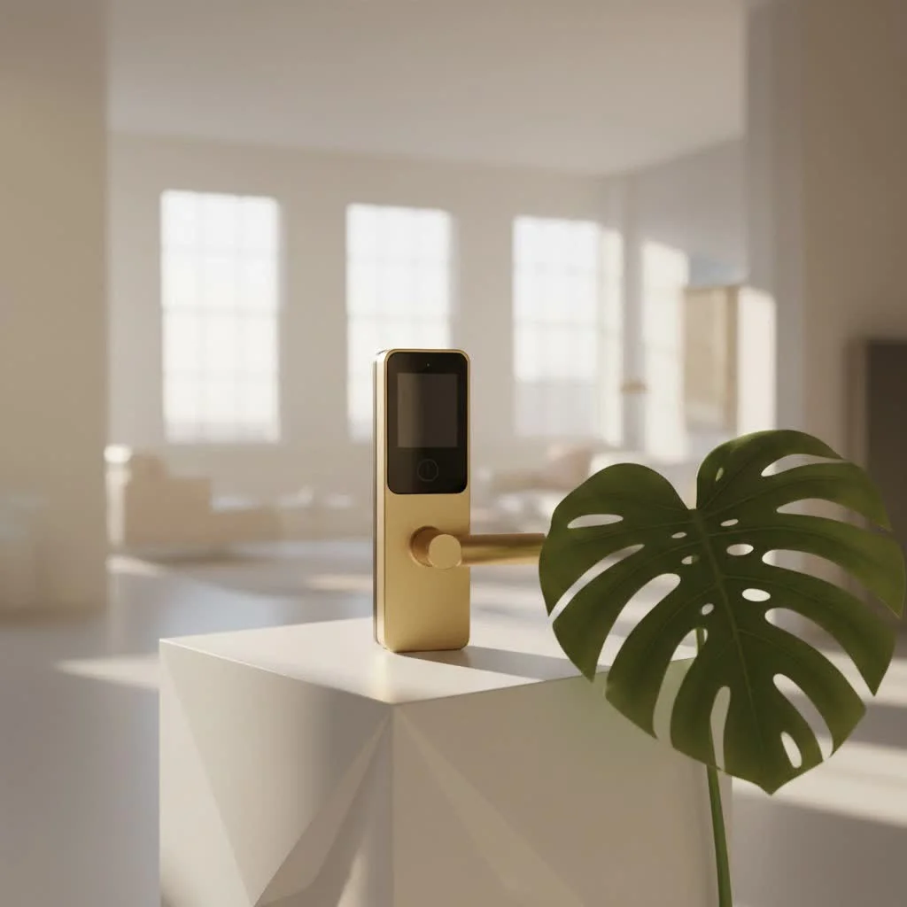 Smart key door lock on a modern wooden door
