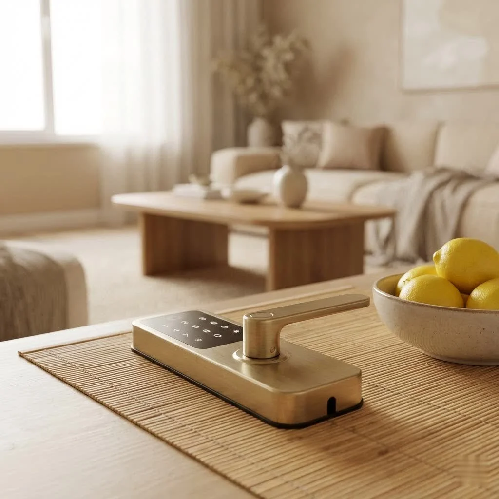 Samsung smart lock on a modern wooden door