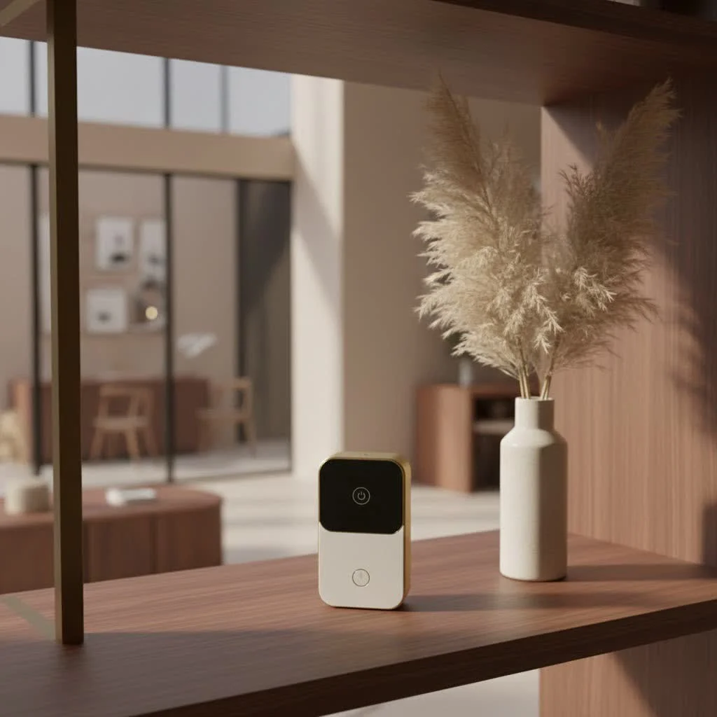 Close-up of a modern Bluetooth smart lock on a wooden door
