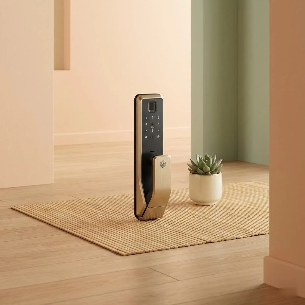 Smart door lock on a modern wooden door