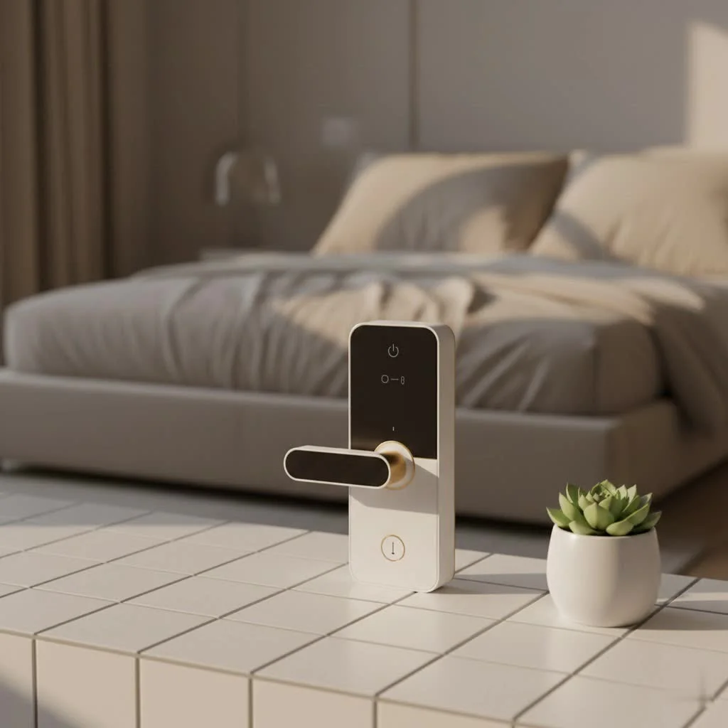 Schlage smart lock on a modern wooden door