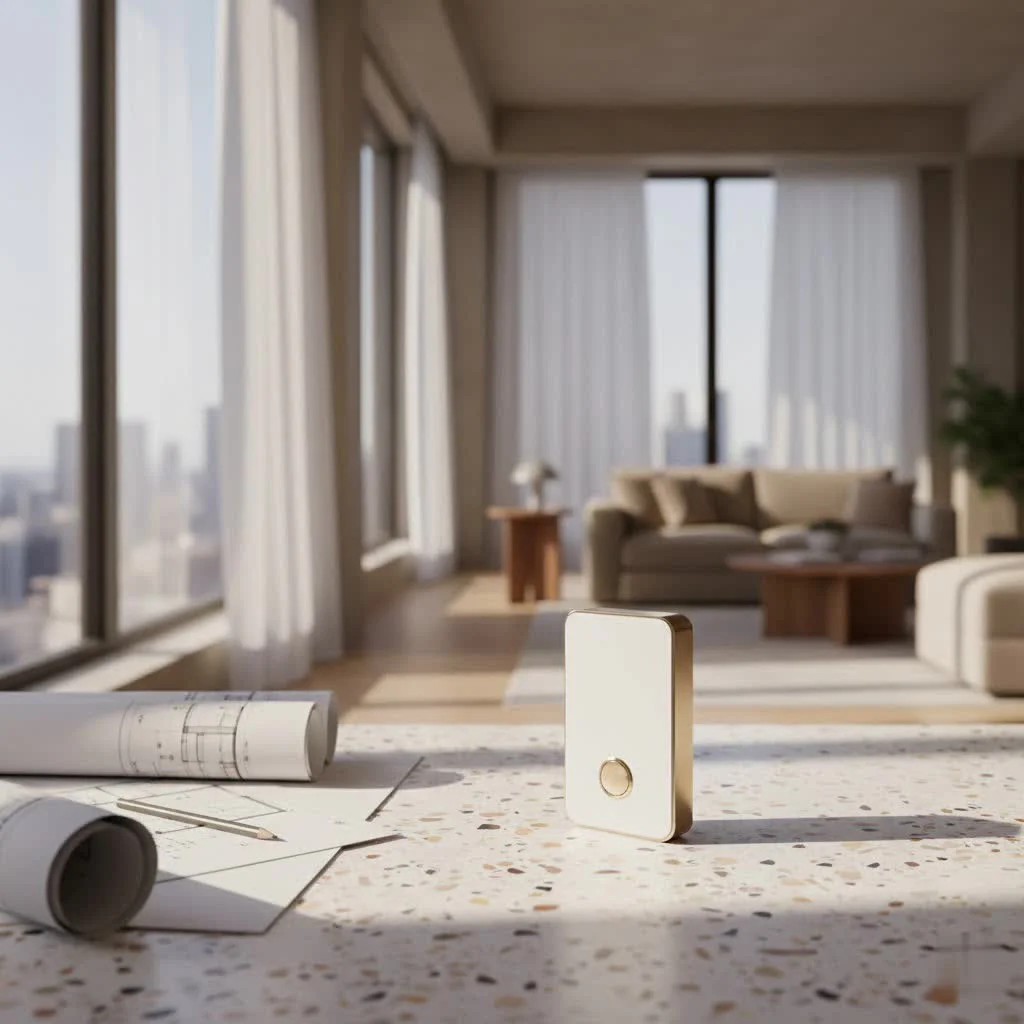 Smart door lock with handle on a modern wooden door