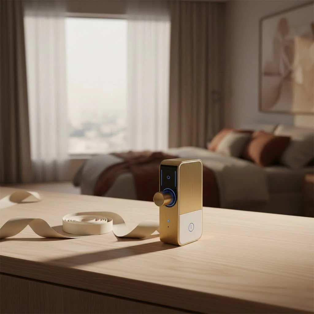 Modern smart handle lock on a wooden door